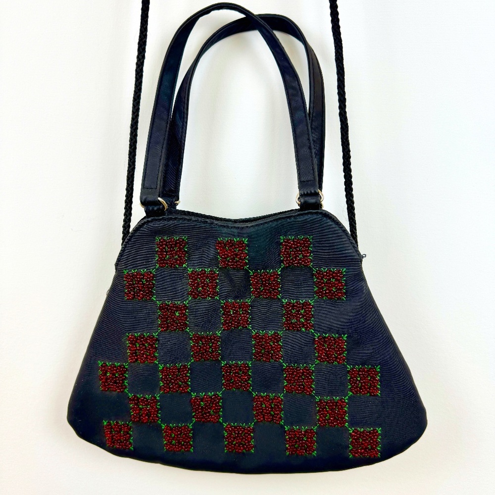 KATHIE LEE COLLECTION Black Crossbody Purse with Red Geometric Floral Beads Fun